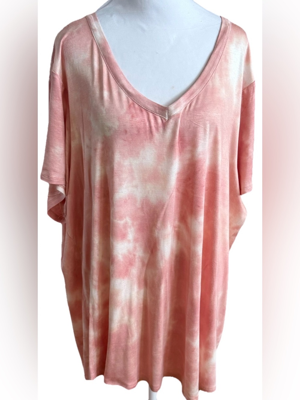 BOUTIQUE Peachy Pink Cream Tie Dyed Short Sleeve V-Neck Tunic T-Shirt Plus 2x